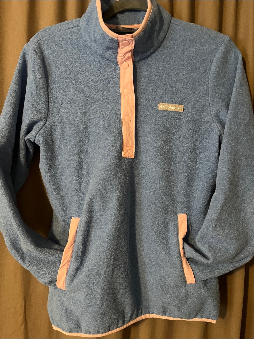Columbia Men’s Blue Fleece Snap Pullover with Pink Trim